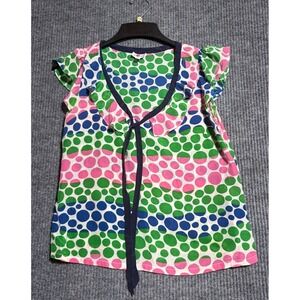 We Love Vera Silk Polka Dot Ruffle Tie Front Blouse Green Pink Blue Womens Sz 6